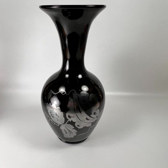 Fenton Silver Poppies On Ebony Black Burnished Silver Vase Hand Painted Signed - Picture 2 of 15